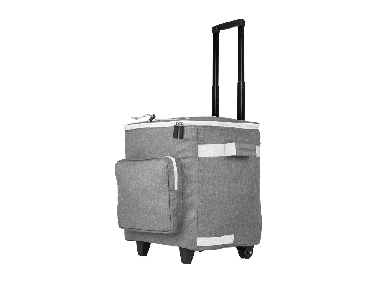 Grey insulated shopping trolley with an extendable handle and wheels.