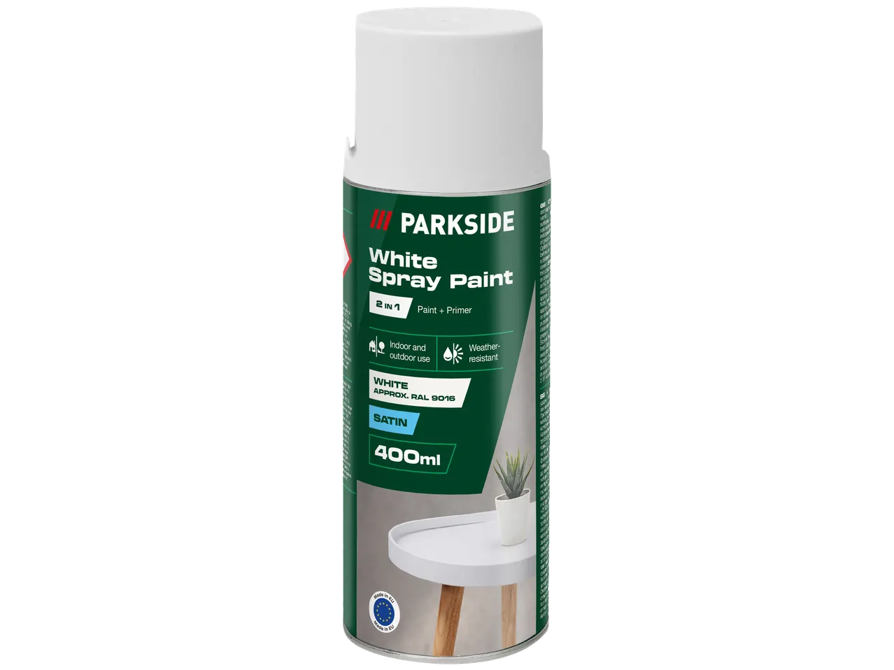 Parkside 400ml bijela sprej boja, 2 u 1 boja i temeljni premaz, otporna na vremenske uvjete, satenski finiš.