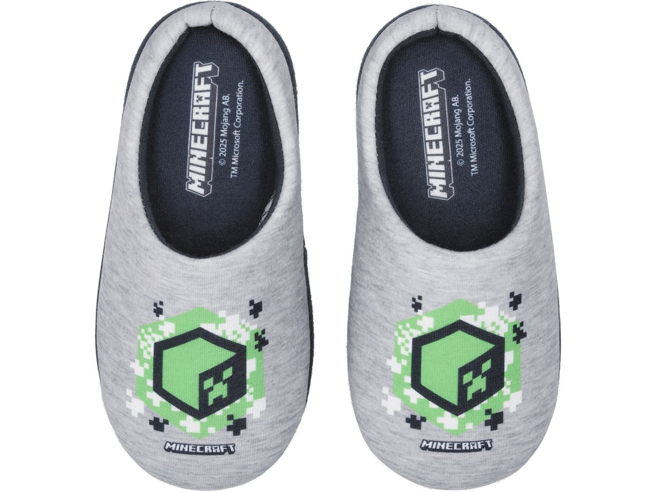 A pair of gray Minecraft slippers with a green Creeper face design.
