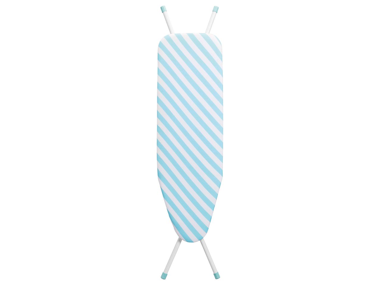 A light blue and white striped ironing board with white legs and light blue feet.
