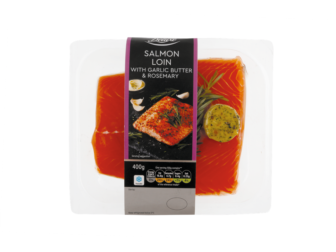 Deluxe Salmon Loin with Garlic Butter and Rosemary packaging.