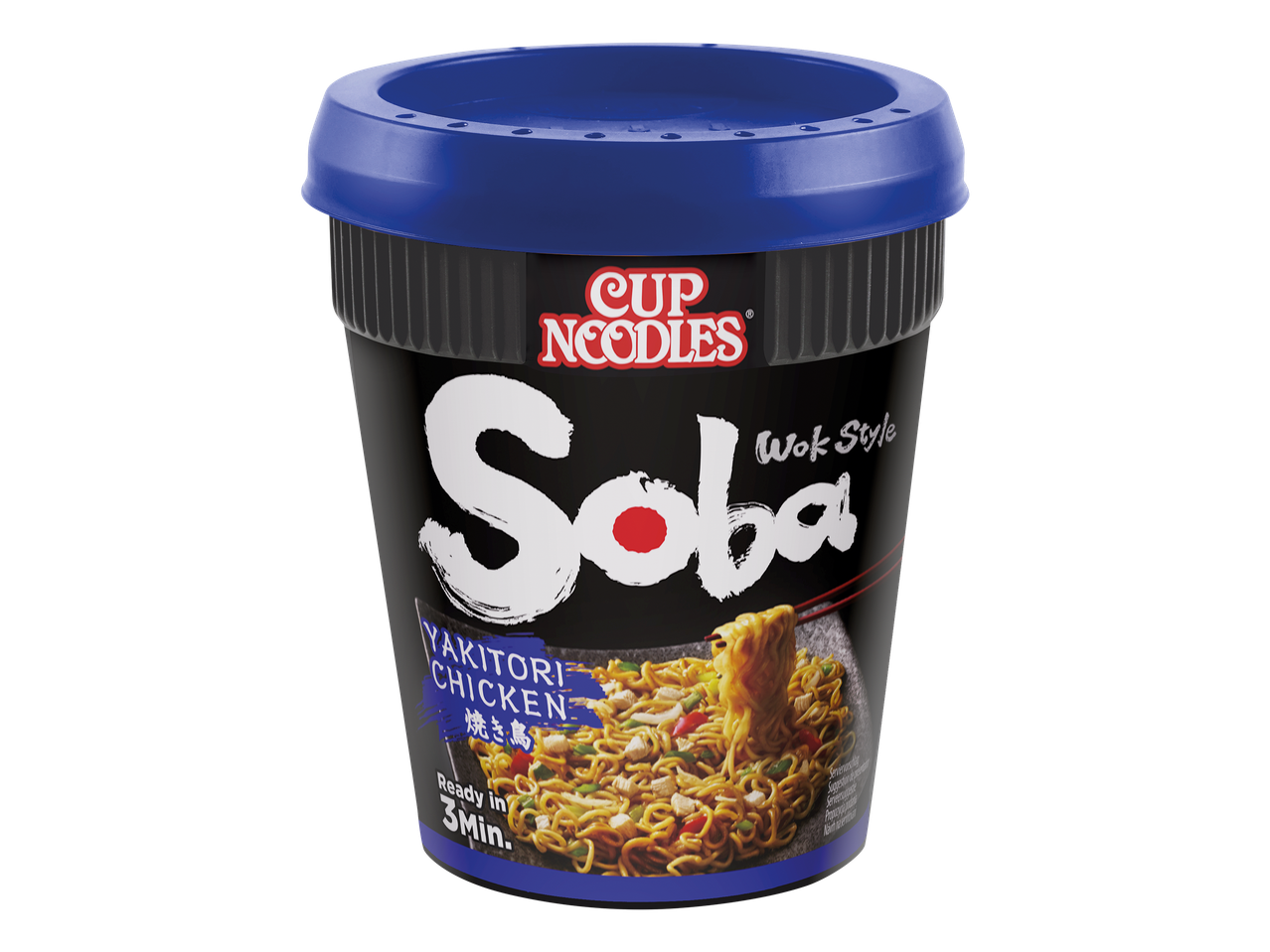 Een zwarte beker instantnoedels met een blauw deksel, met de tekst 'Soba Wok Style Yakitori Chicken' en 'Ready in 3 Min.'