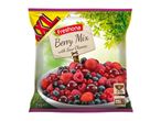 Frozen berry mix with sour cherries in a 1kg bag, showing defrosting instructions.