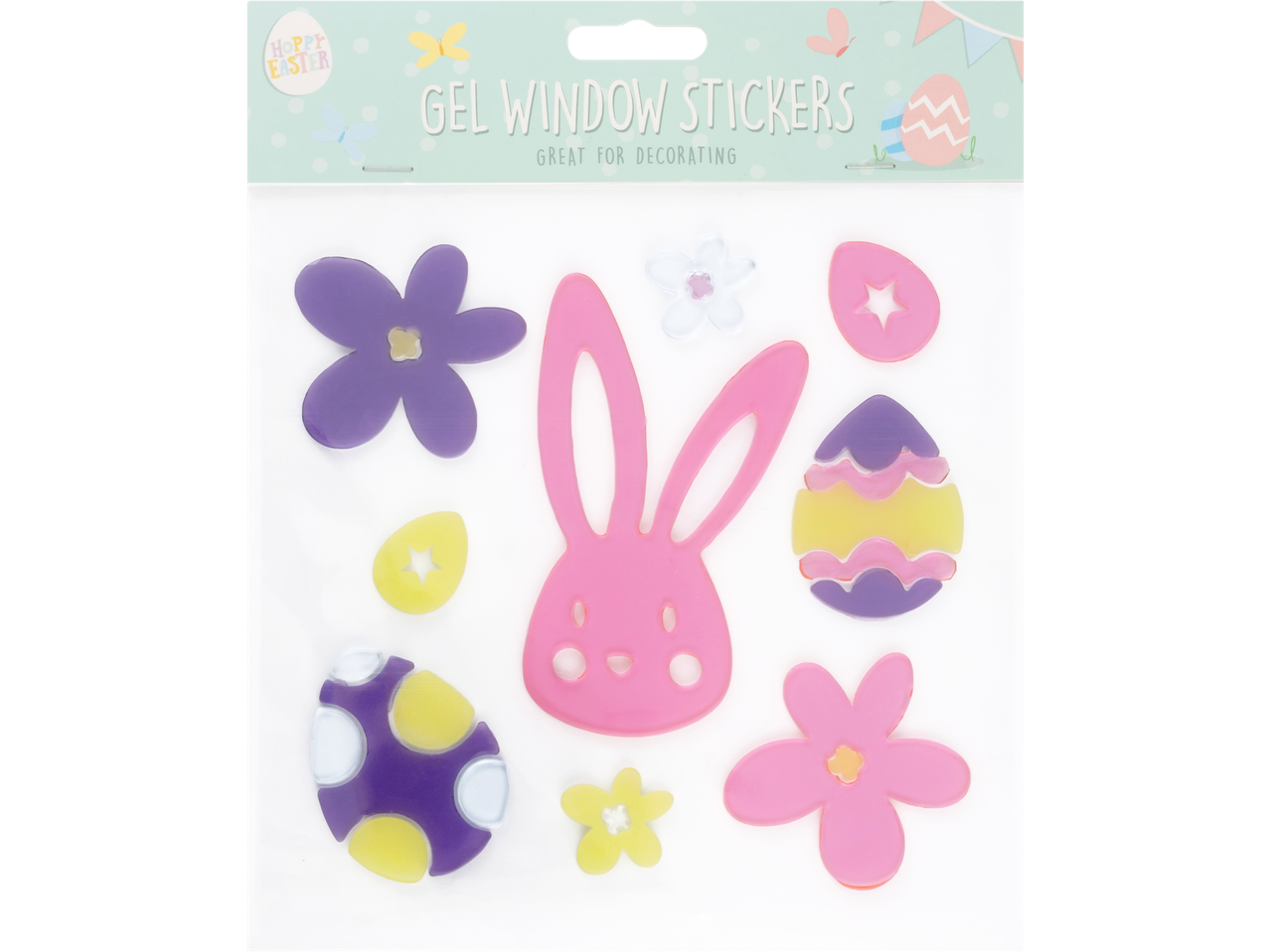 Easter gel window stickers: pink bunny, purple and pink flowers, and decorated eggs.