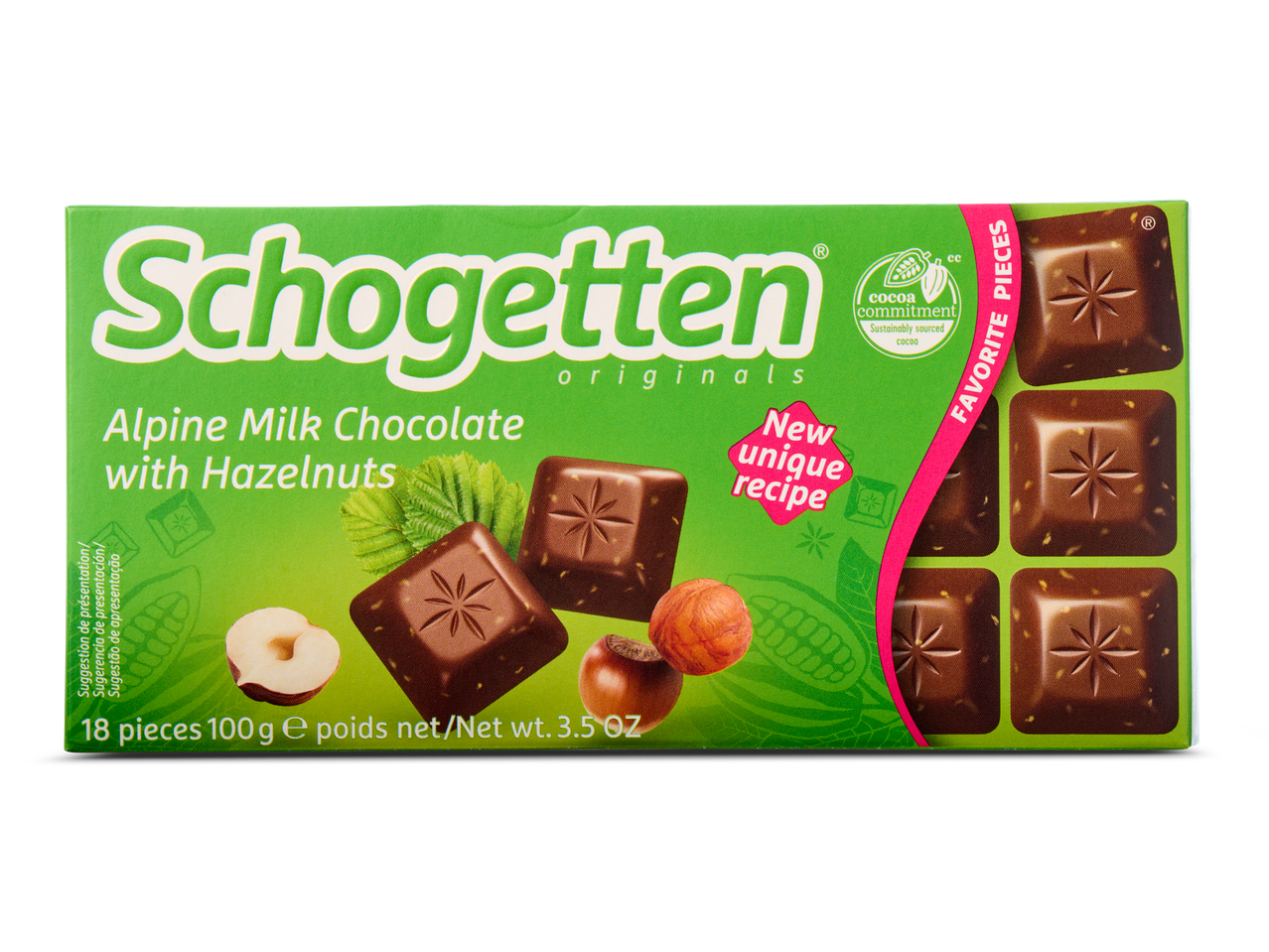 Schogetten Alpenmelkchocolade met hazelnoten.