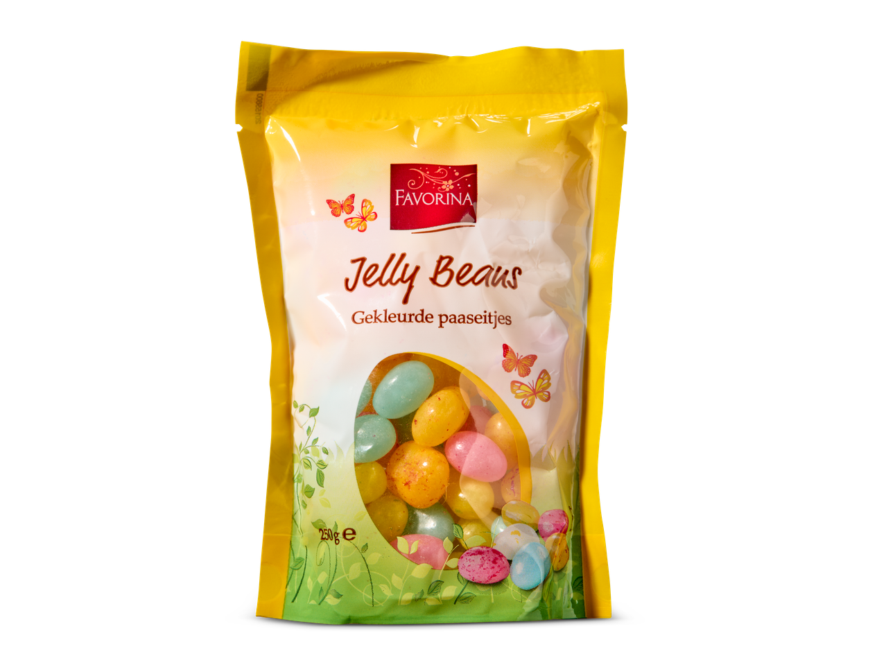 Favorina Jelly Beans, kleurrijke paaseitjes in een gele en groene zak.