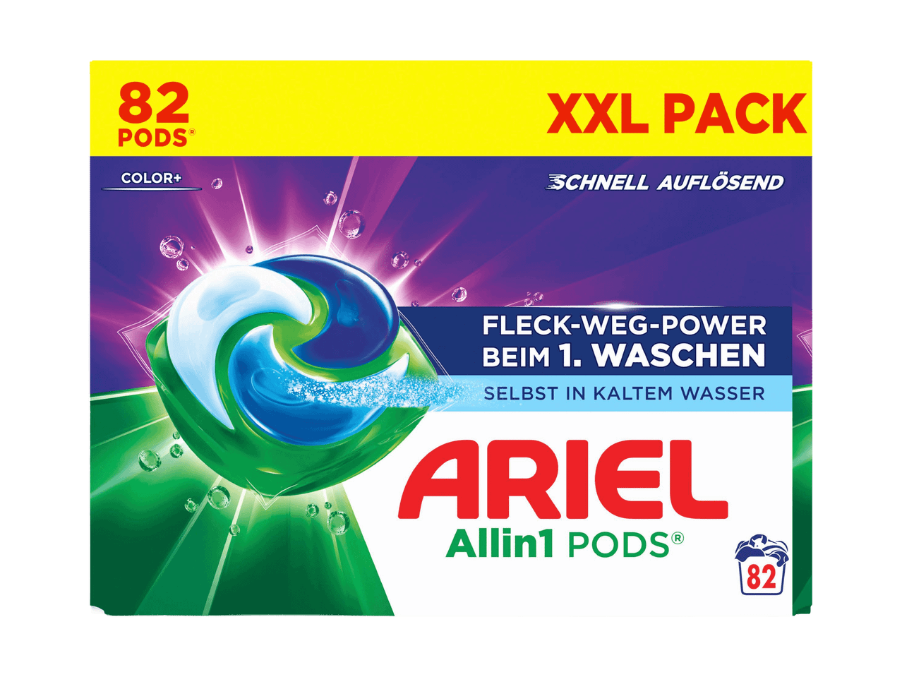 Packung mit 82 Farbwäsche-Pods, mit Fleckentfernungskraft auch in kaltem Wasser.