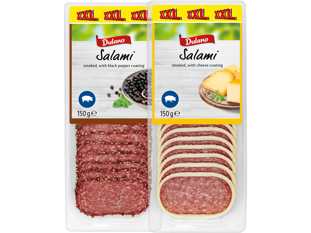 Två förpackningar Dulano Salami, en med svartpepparkrydda och en med ostöverdrag.
