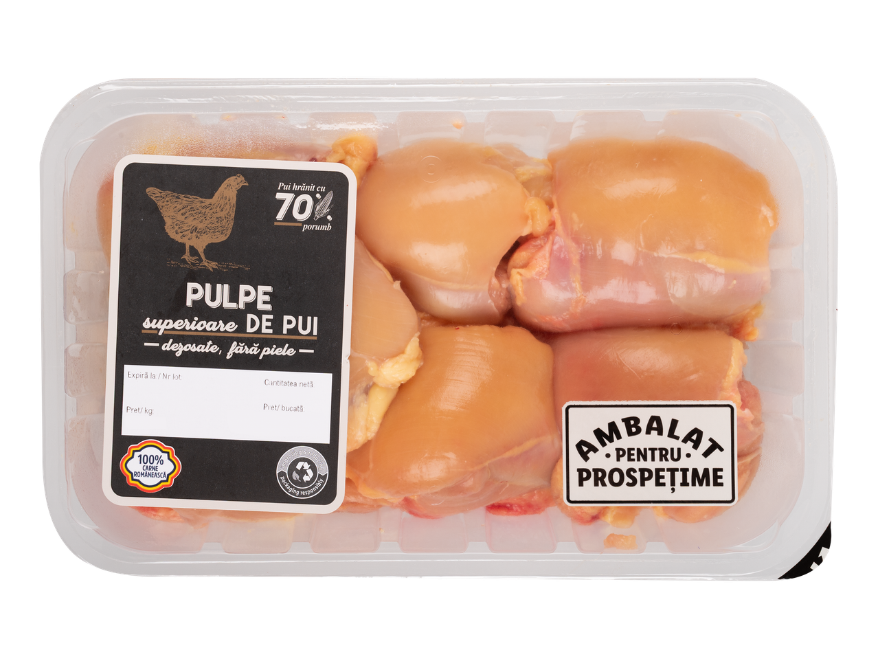 Pulpe superioare de pui dezosate, fără piele, ambalate pentru prospețime.