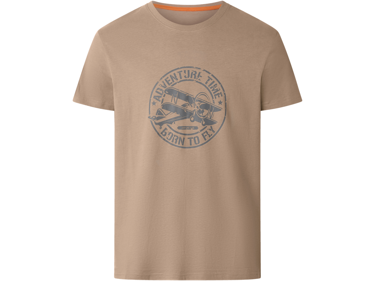 Meeste beež T-särk halli lennukigraafikaga „ADVENTURE TIME BORN TO FLY“.