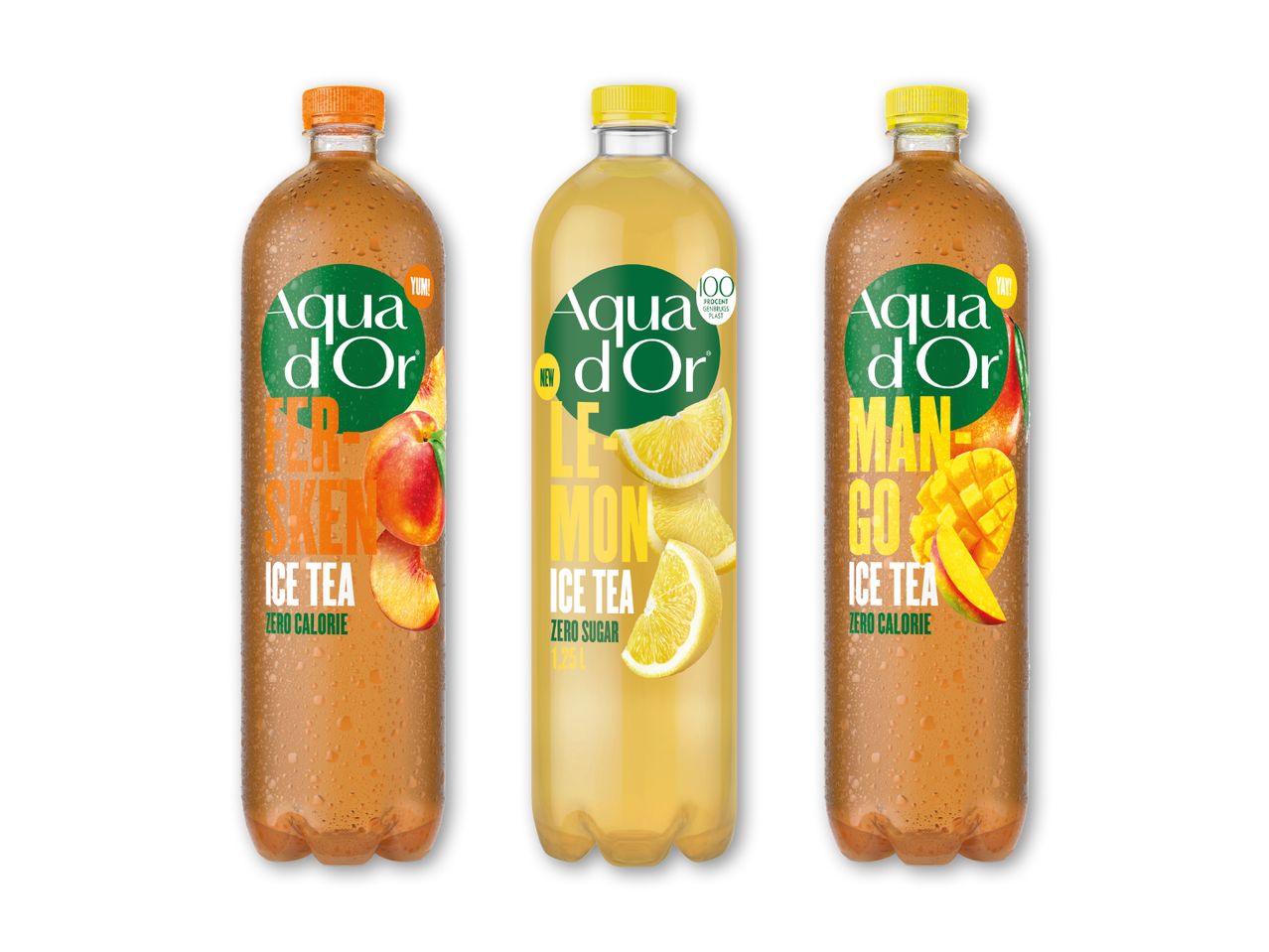 Tre flasker iste med fersken, citron og mango, alle sukkerfri.