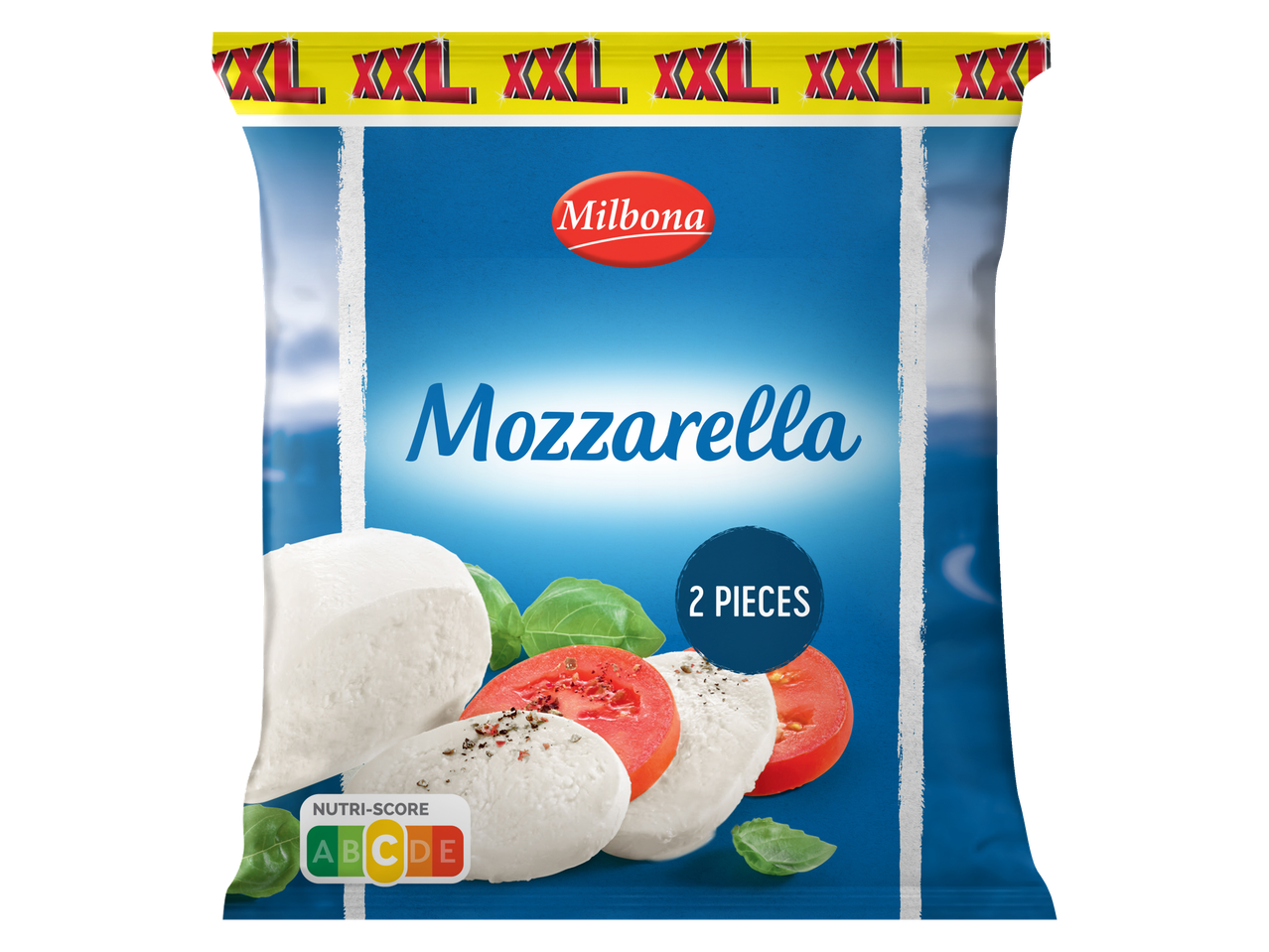 Milbona mozzarella pakend kahe XL tüki suurusega.