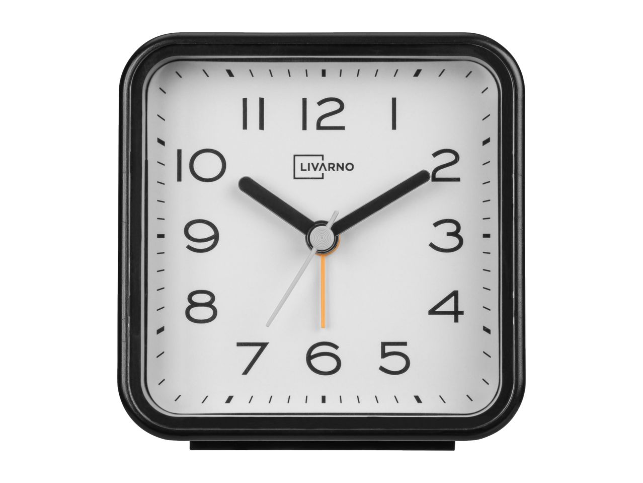 Square black and white alarm clock with large numbers and a minimalist design.