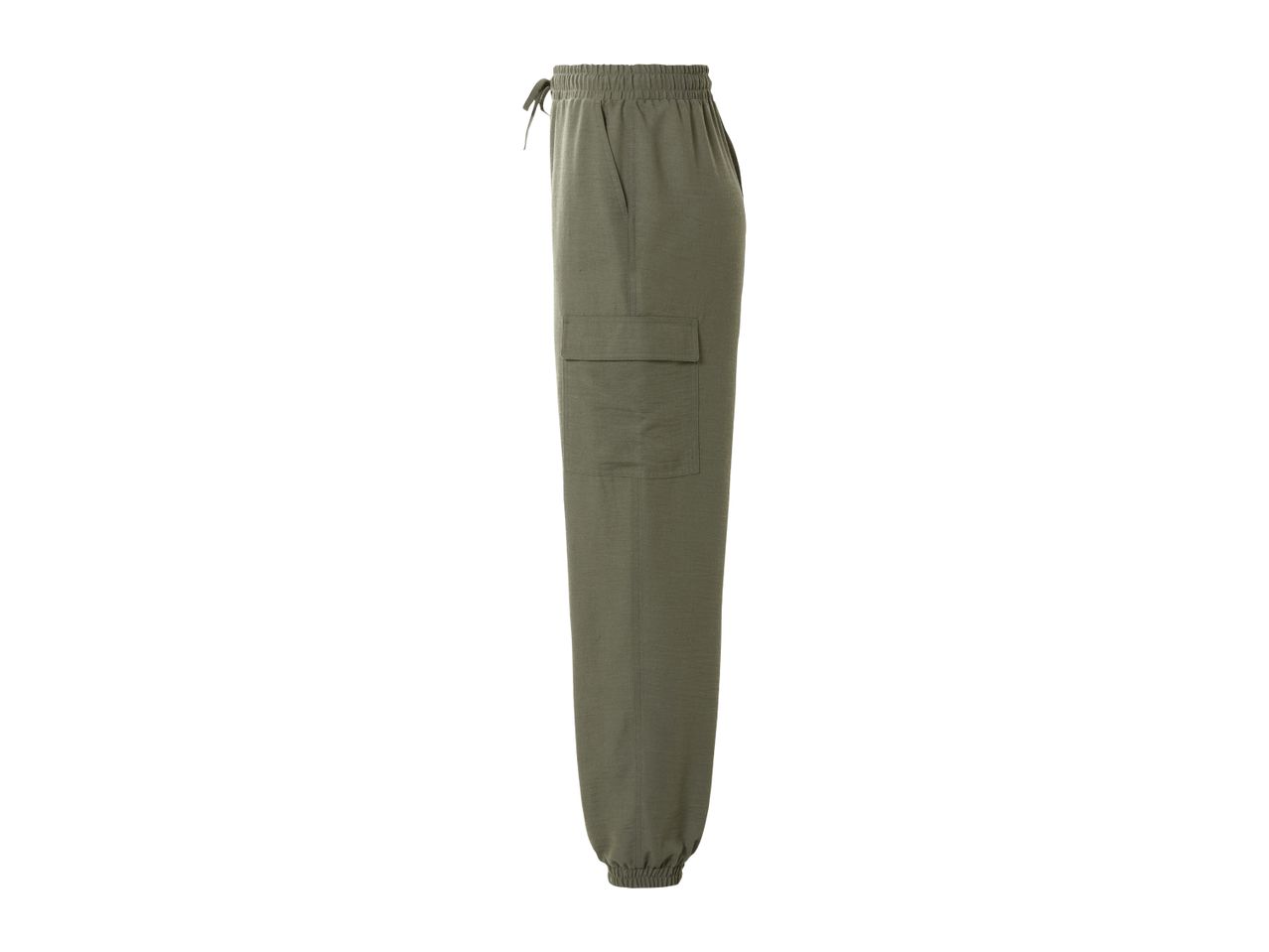 Olive green jogger pants with drawstring waist.