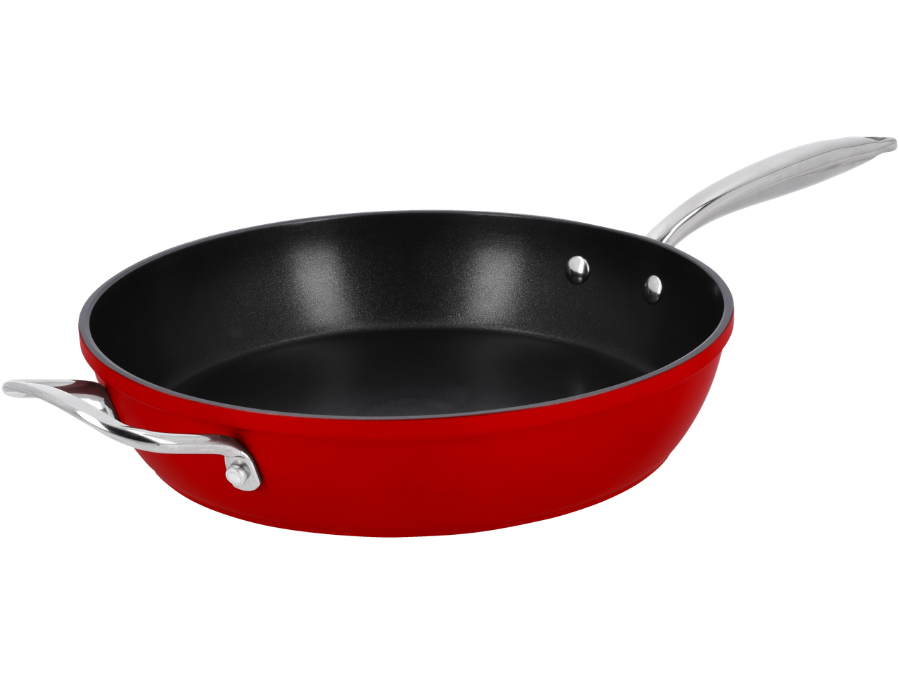 Raudona keptuvė su juodu nepridegančiu paviršiumi ir dviem sidabrinėmis rankenomis.