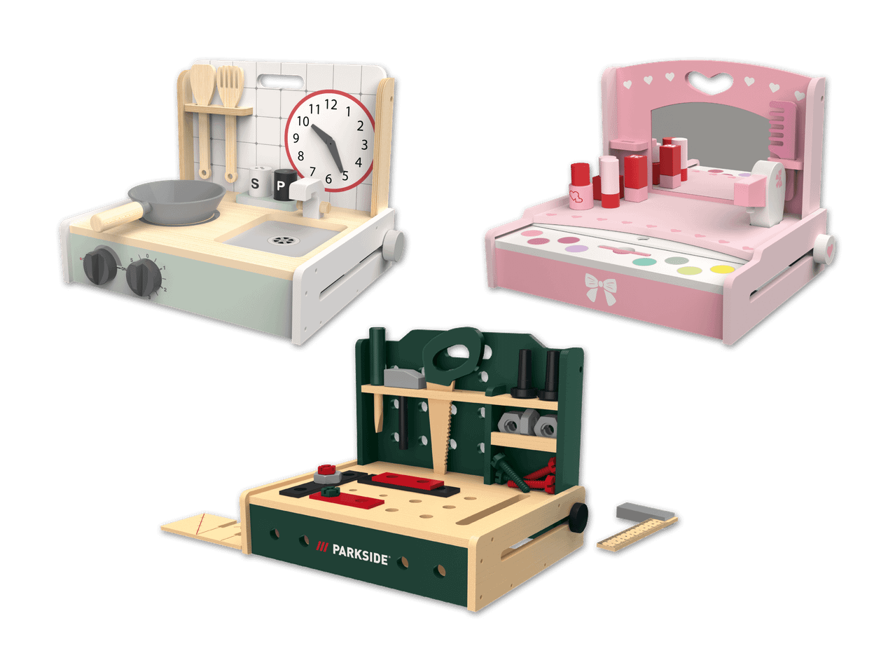 Drei Spielsets aus Holz: eine Küche, ein Schminktisch und eine Werkbank der Marke PARKSIDE.