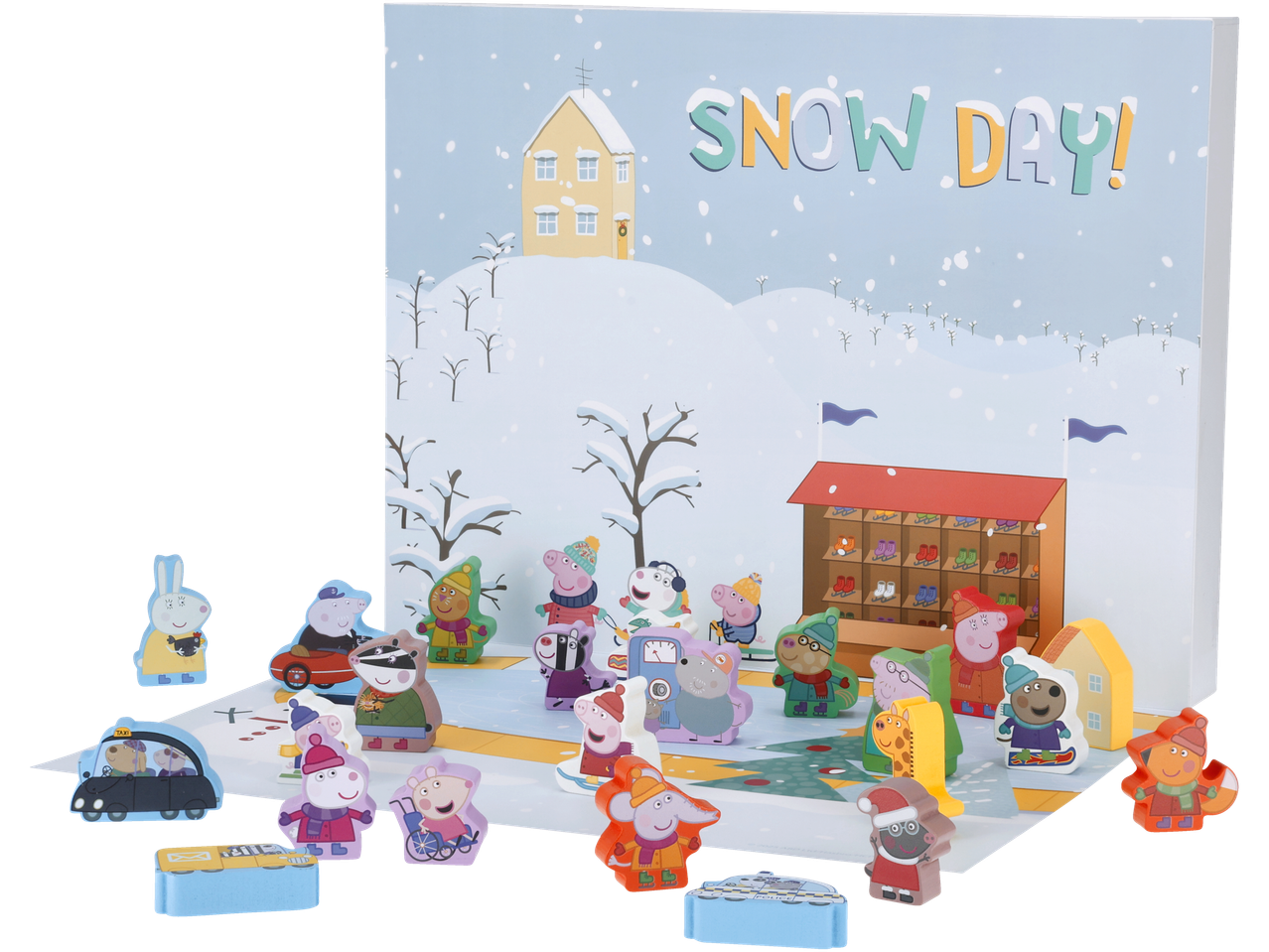 Play-Doh advento kalendorius su Peppa Pig personažais snieguotame peizaže.