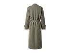 Back view of a long, olive green trench coat with a belt tied at the waist.