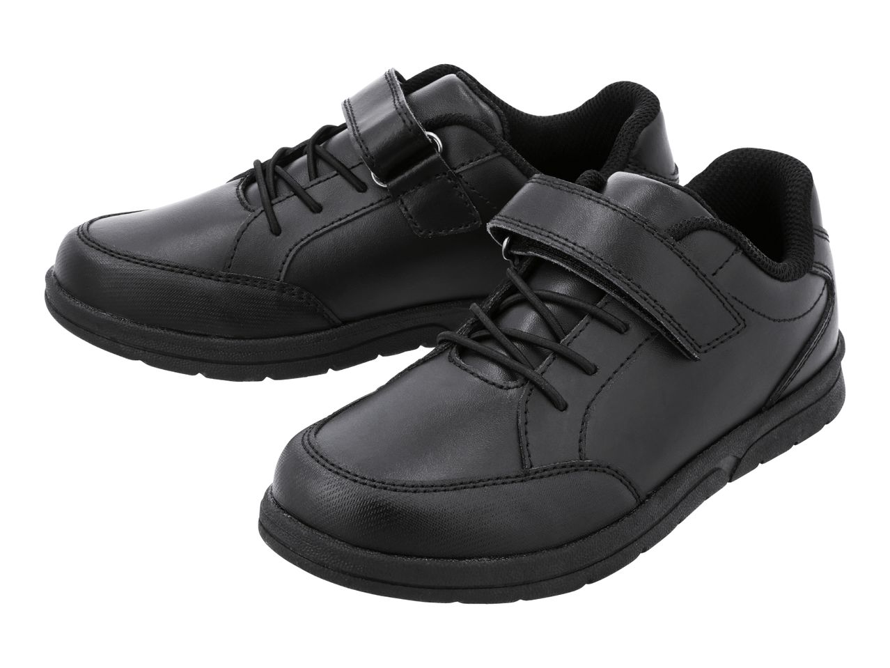 Pair of black children's school shoes with hook-and-loop fasteners.