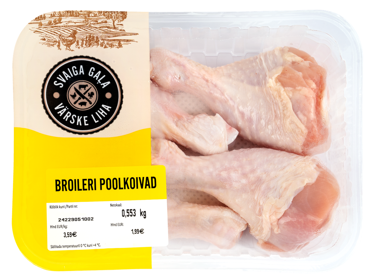 Pakend värskete broilerikoibadega, millel on kaal ja hind.