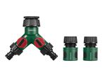 Green Y-shaped hose connector with red valves and two green hose connectors.