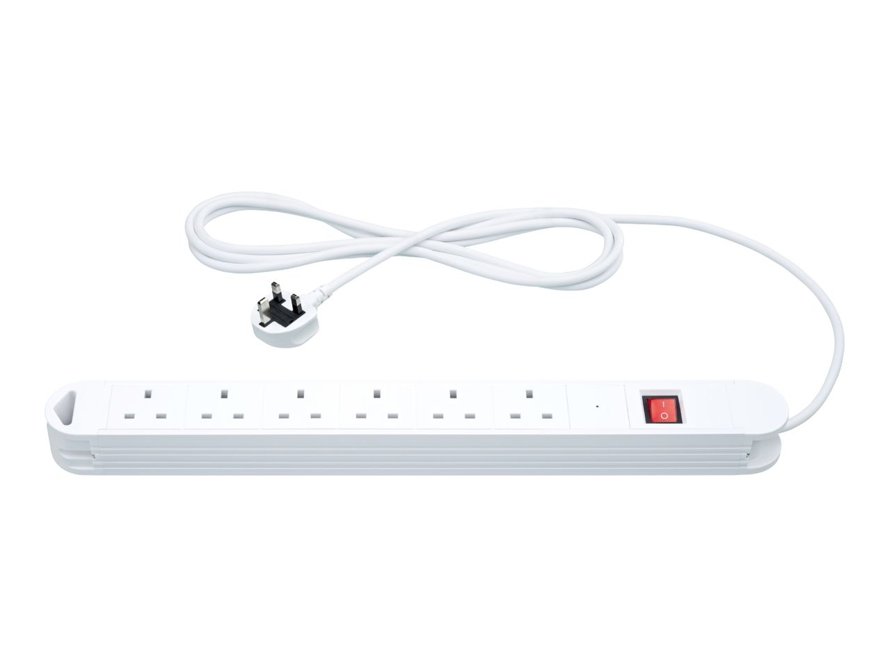 White 4-way extension lead with a red power switch and a UK plug.