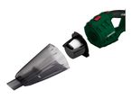 Disassembled handheld vacuum cleaner showing the main unit, filter, and dust container.
