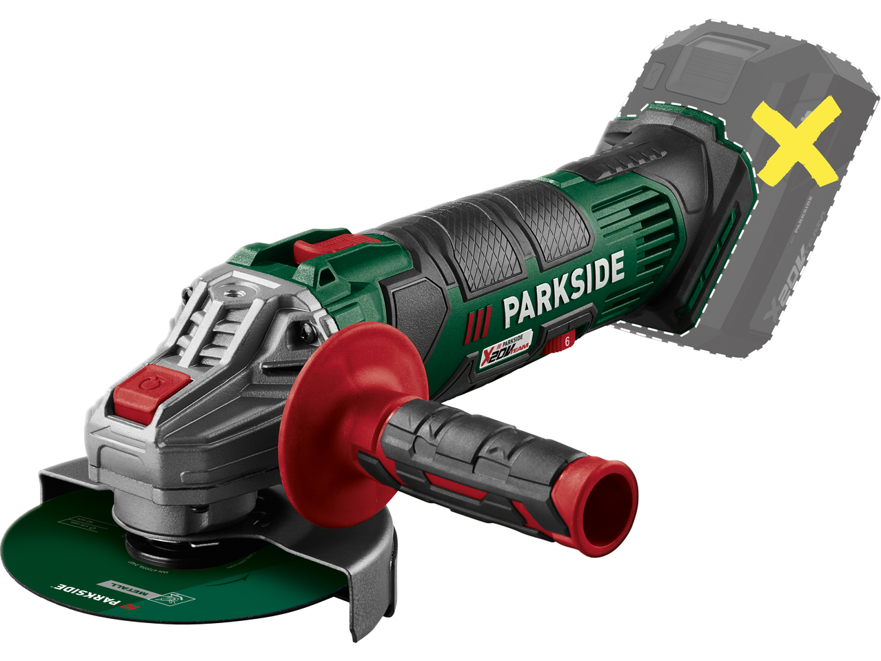 PARKSIDE 20 V akumuliatorinis kampinis šlifuoklis PWSA 20-Li su disku ir rankena.