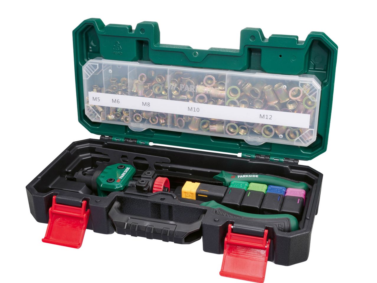A Parkside rivet nut plier set with various sized rivet nuts in a green and black case.