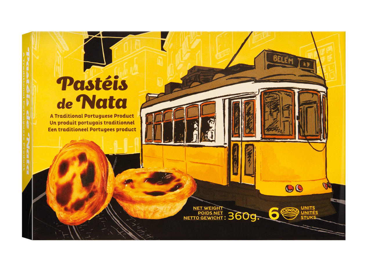 Doos met 6 Pastéis de Nata, traditionele Portugese custardtaartjes, met Lissabon tram illustratie.