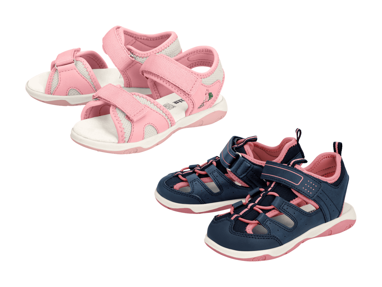 Zwei Paar Kindersandalen: ein offenes rosa Paar und ein geschlossenes dunkelblaues Paar mit rosa Details.