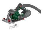 Cordless circular saw with a dust extraction hose and a battery pack.