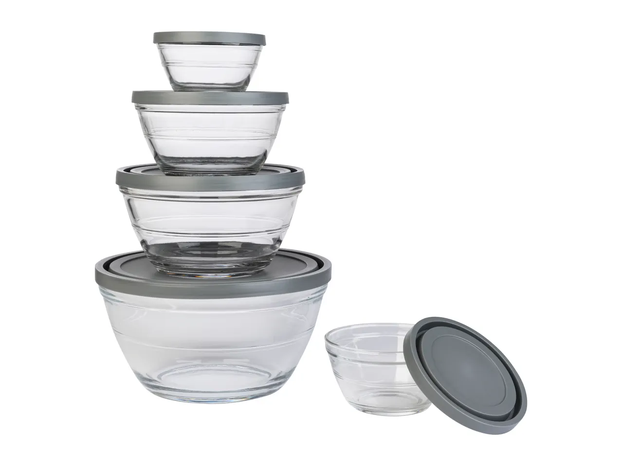 A set of four glass mixing bowls with lids, plus a smaller bowl and lid.