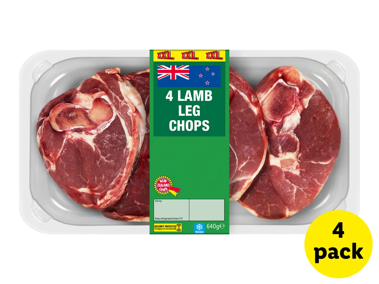 Four lamb leg chops in a tray with a green label indicating 'New Zealand Lamb' and a weight of 640g.