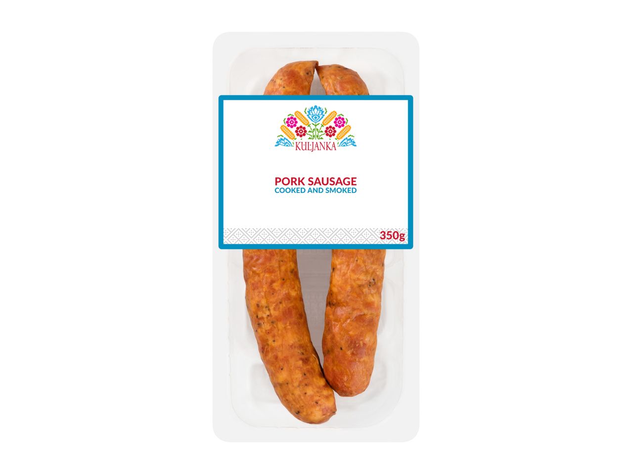 Two cooked and smoked pork sausages in a clear tray with a decorative label.