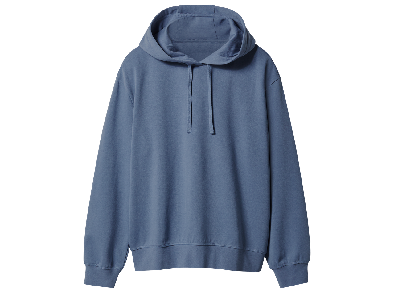 Синя блуза худи с качулка и връзки.