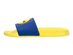 Yellow and blue slide sandal with a circular logo on the strap.