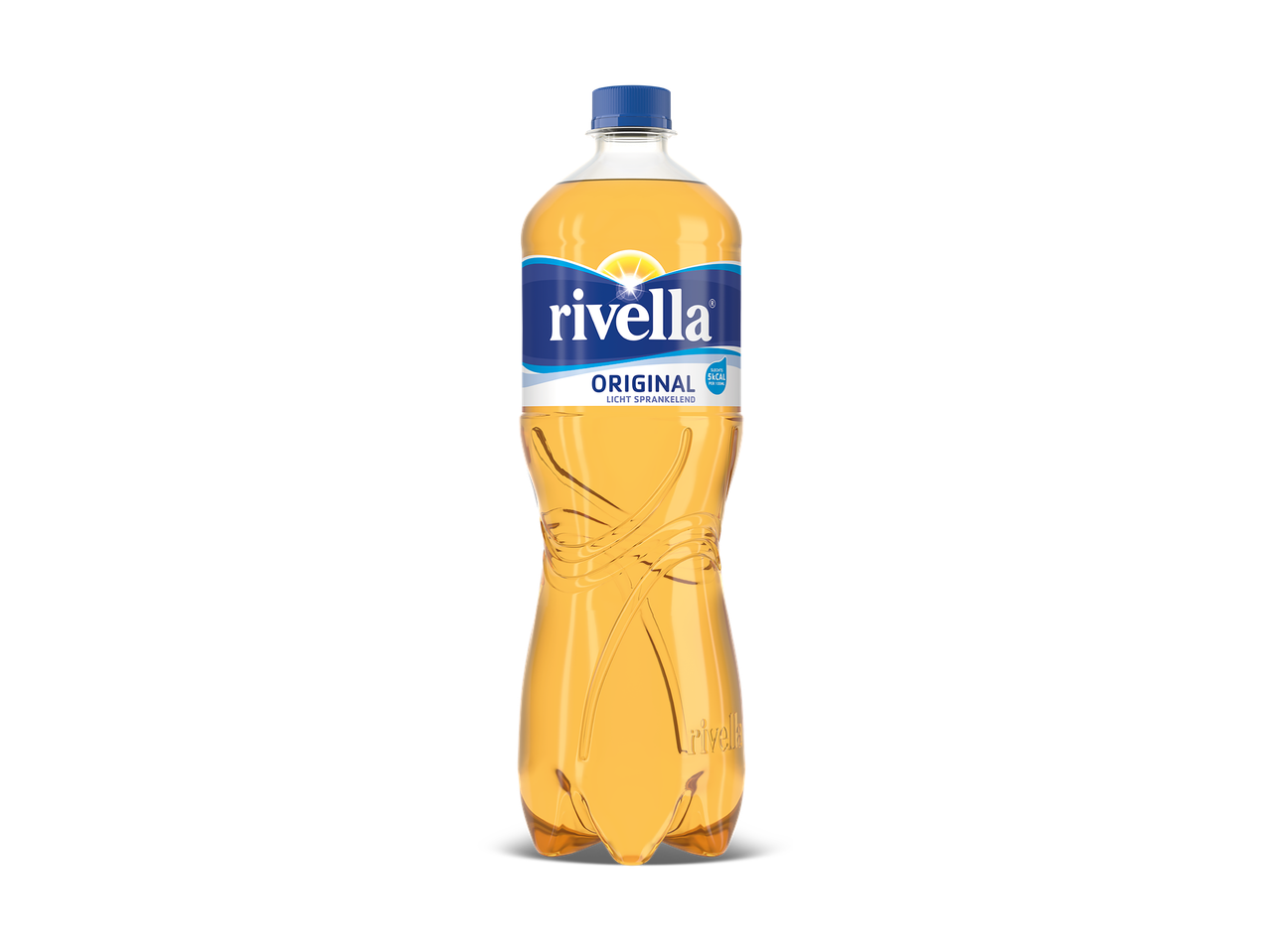 Een fles van een licht sprankelende frisdrank met een blauw etiket en de tekst 'ORIGINAL'.