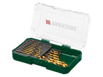 A set of golden drill bits in a green and clear plastic case.