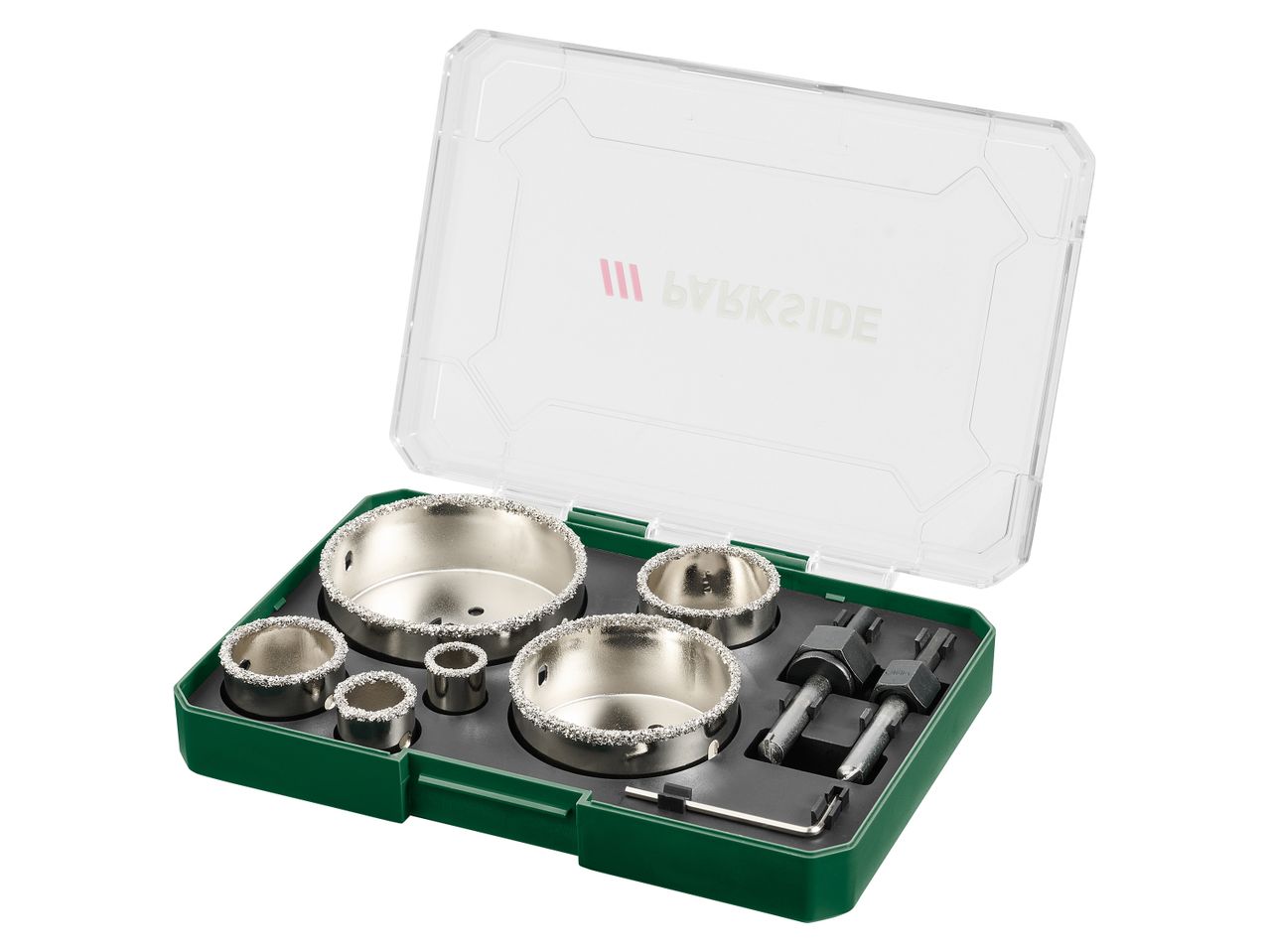 Diamond hole saw set in a green and clear plastic case