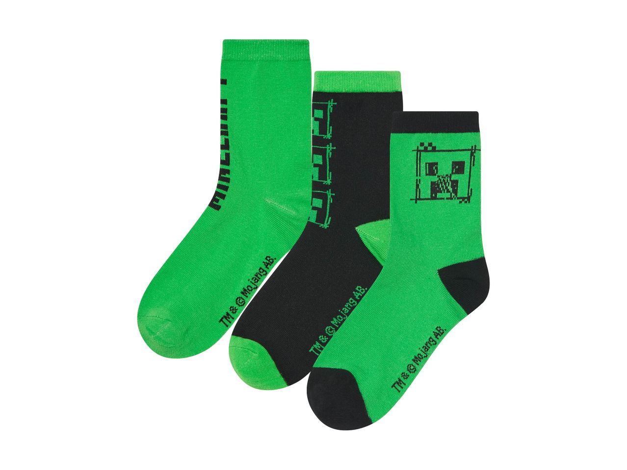 Three Minecraft-themed crew socks: two green, one black and green.