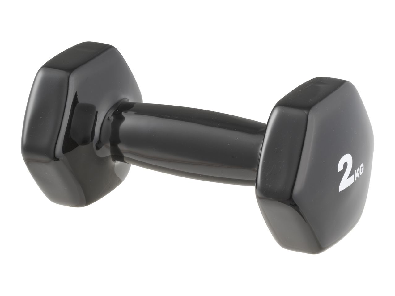 Black 2kg dumbbell with hexagonal ends, isolated on a white background.