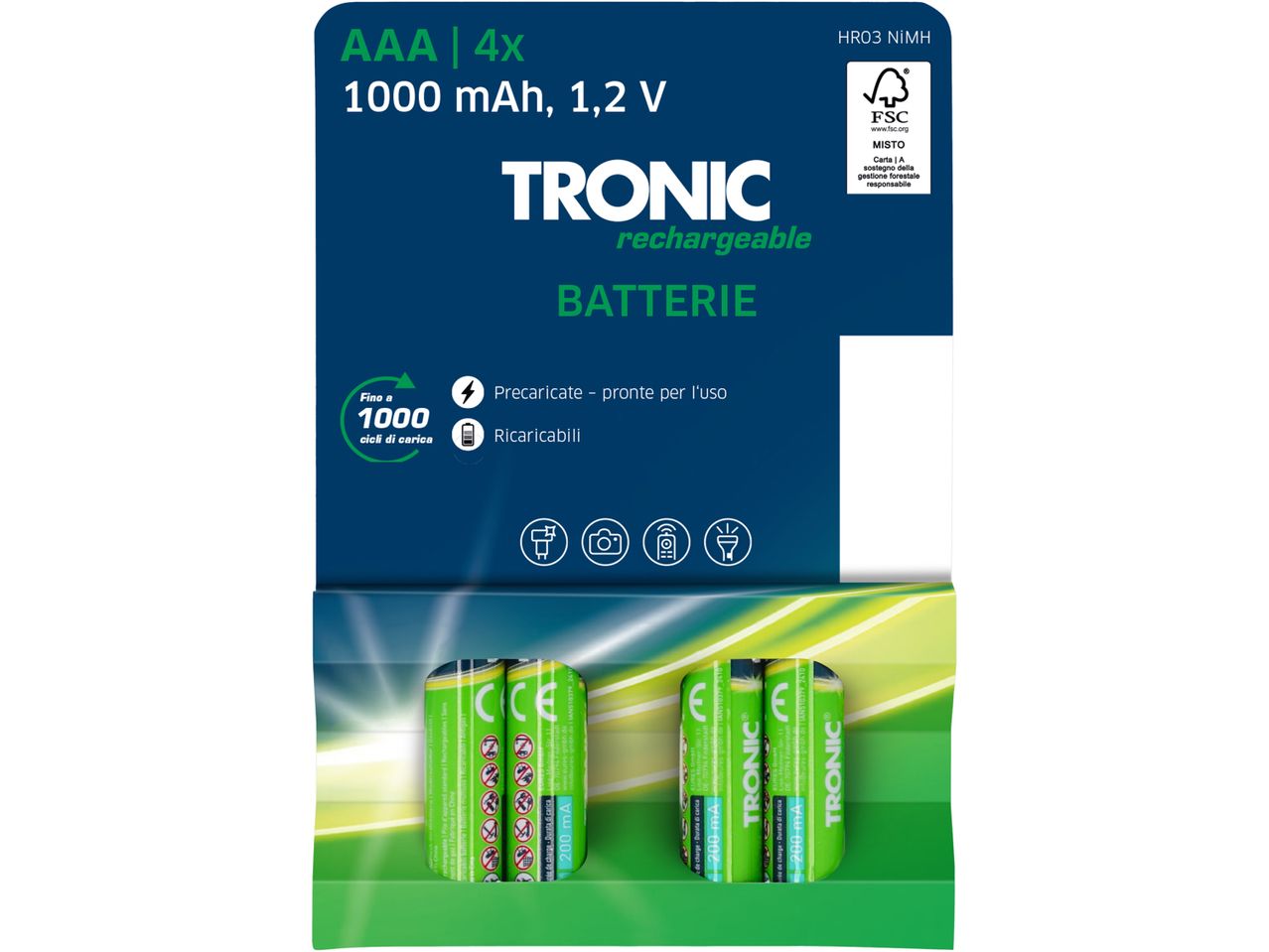 TRONIC rechargeable AAA batteries (4 pack), 1000 mAh, 1.2V.