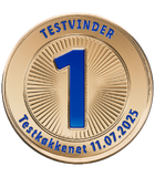 Guldmedalje med teksten 'TESTVINDER 1' og datoen 'Testkøkkenet 11.07.2025'.