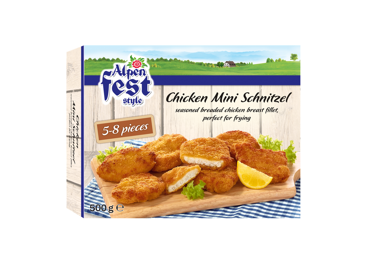 Mini schnitzels de frango empanados Alpen Fest style, prontos para fritar.