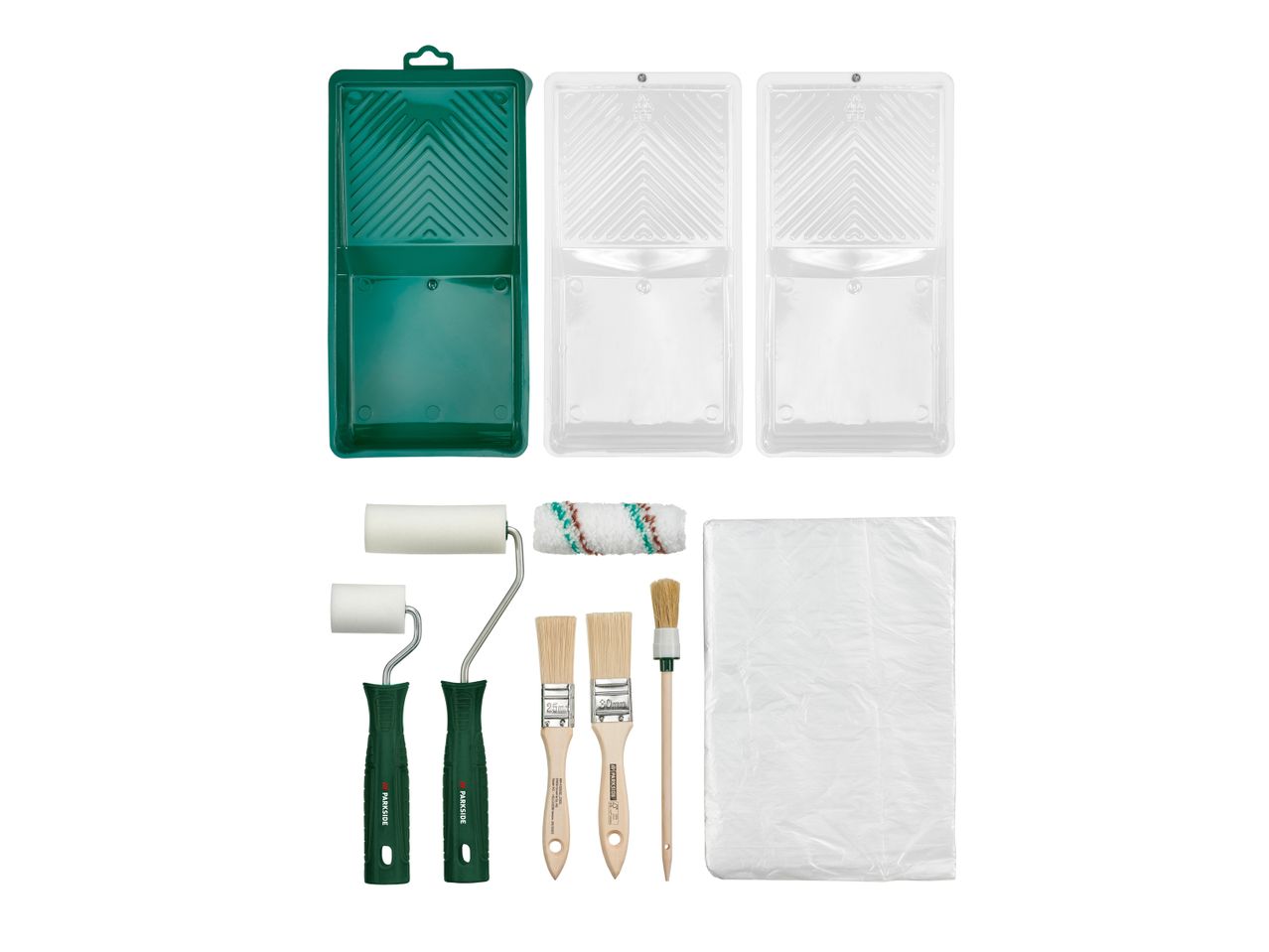 A set of painting tools including paint trays, rollers, brushes, and a plastic sheet.