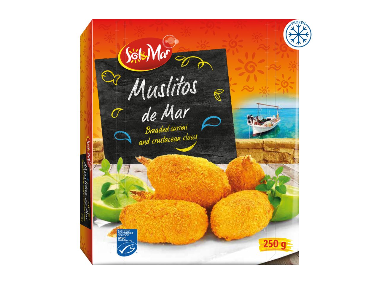 Frozen breaded surimi and crustacean claws, 250g, with a marine theme.