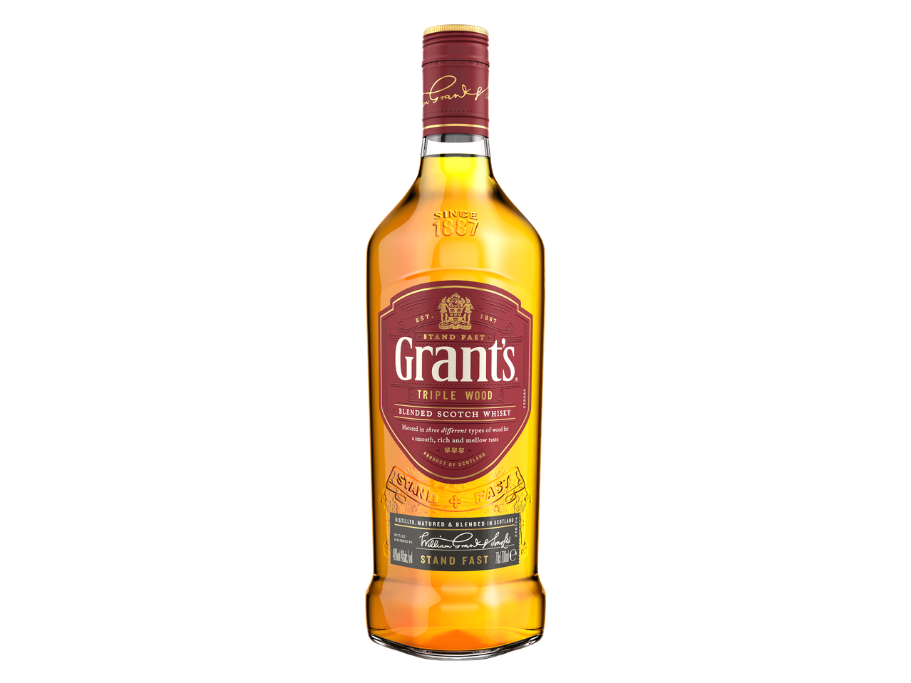Eine Flasche Grant's Triple Wood Blended Scotch Whisky.
