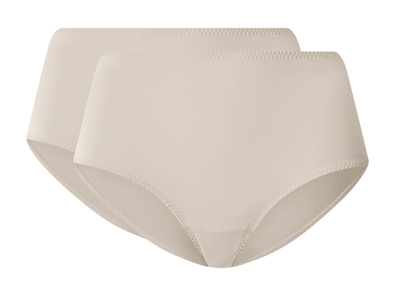 To beige trusser med høj talje og zigzag-sømme.
