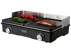 Електрически грил с две зони за готвене, месо и зеленчуци, с контролни бутони.